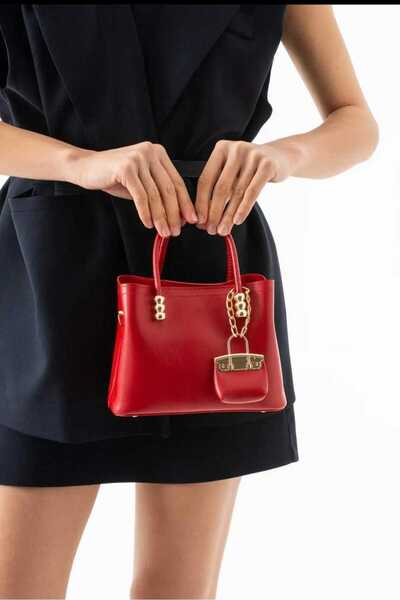 ÖZÜM ÇANTA Women's Charm Gift Gold Detailed Handbag and Cross Shoulder Bag Red