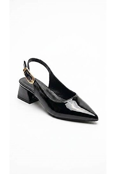 Daytex Women's Black Patent Leather Pointed Toe Thick Heeled Shoes - Gold Buc...