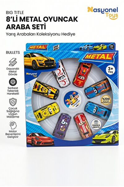 NASYONEL TOYS Çocuklar İçin 8'li Metal Oyuncak Araba Seti Yarış Arabaları Kol...