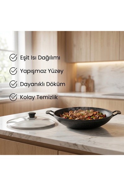 KOOB 2’li Döküm Sac Tava Seti – Cam Kapaklı Yapışmaz Yüzey