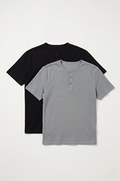defys Erkek Henley Yaka %100 Pamuklu Rahat Kesim Günlük Basic 2'li Tişört Seti