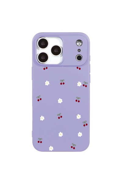 Casen iPhone 17 Pro Max Lila Lansman Renkli Silikon Kiraz ve Çiçek Desenli Ka...