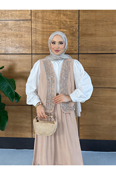 Miss Allos طقم تنورة نسائية مطرزة بالخرز مع سترة منسدلة مصنوعة من المودال