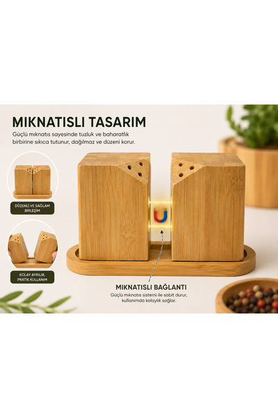 Store 2’li Mıknatıslı Bambu Tuzluk & Baharatlık Seti – Doğal Ahşap Modern Mut...