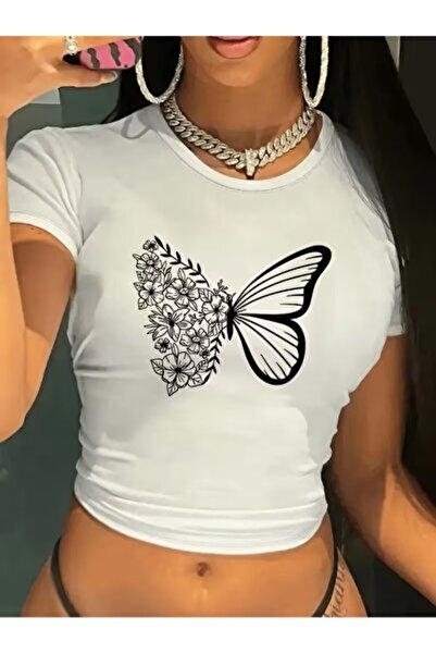 yiou trendy clothing تي شيرت نسائي قصير برقبة دائرية وطبعة فراشات وزهور، مصنو...