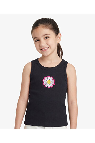 Pine kids Cotton Lycra Knit Sleeveless Top with Floral Embroidery - Black