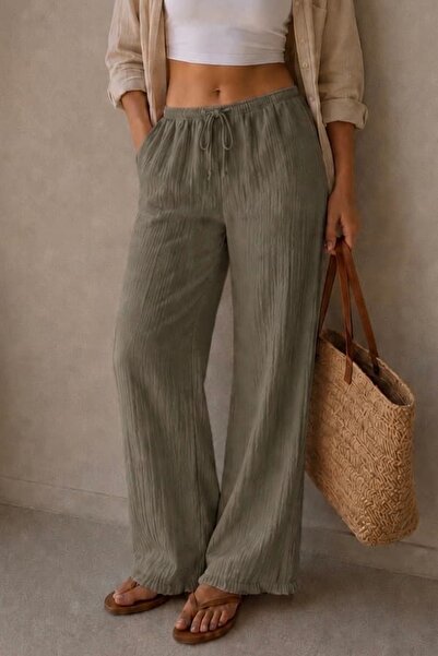 bb butik basic Women's Muslin Casual Trousers with Elastic Waist and Detailed...