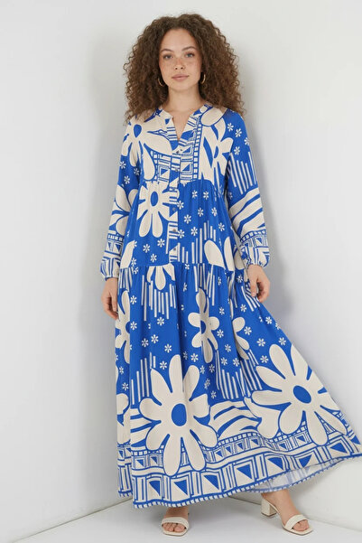 buğrahayalin Women's V-Neck Gathered Waist Floral Patterned Viscose Blue Hija...
