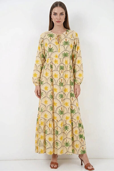 Generic Brand Women's Round Neck Standard Floral Patterned Viscose Yellow Hij...