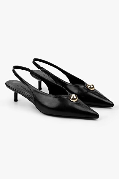 Shoeberry Women's Kaelis Black Leather Gold Buckle Detailed Mini Heeled Stiletto
