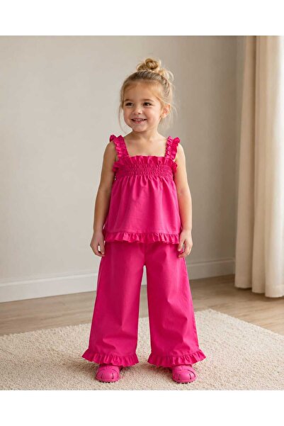kidsense Girl's Summer Fuchsia Ruffled Blouse and Pants Set