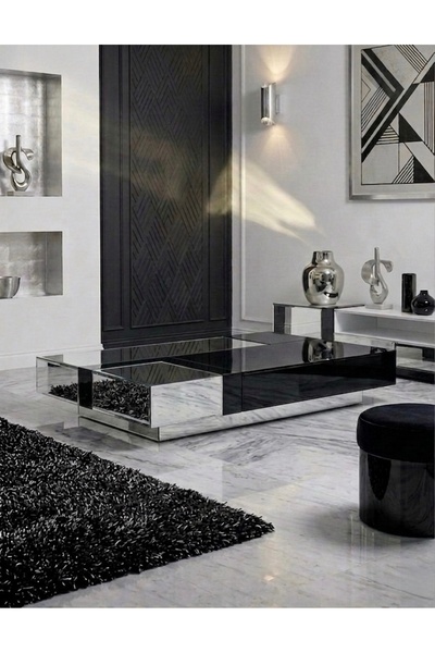 LUXURY VİLLA LUXURY SIYAH CAMLI GÜMÜŞ AYNALI DEKORATİF ORTA SEHPA 90x150 YÜKS...