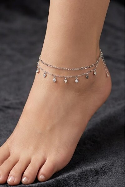 Parita Jewelry Gümüş Renk Çift Zincir Zirkon Taşlı Paslanmaz Premium Halhal