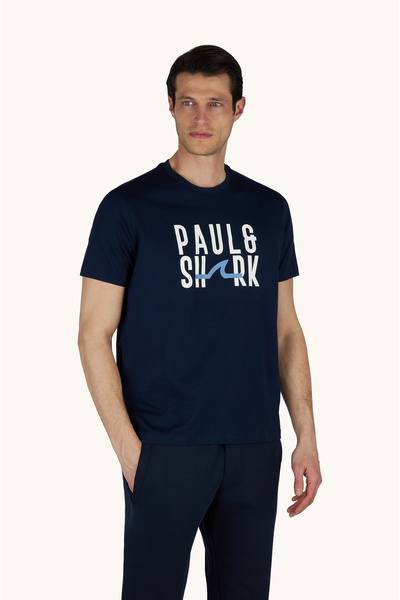 PAUL&SHARK Men's Regular Fit Round Neck Logo Printed Short Sleeve Navy Blue T...