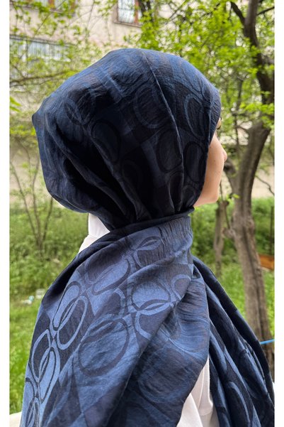 shalby Hijab Cotton Soft Textured Big Loop Pattern Jacquard Shawl Navy Blue