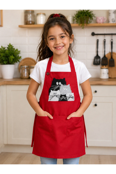 Sister Home Kids Red Embroidered Cat Patterned Children's Chef Kitchen Apron ...