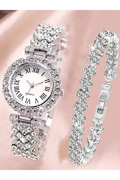 Generic Roman Numerals Dial and Rhinestone Decor Women's Wristwatch Set with ...