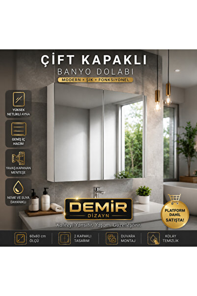 DEMİR DİZAYN Çift kapaklı lavabo üstü aynalı banyo dolabı