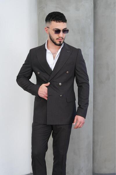 Dupont Slim Fit Erkek Sivri Yaka Çizgili Kruvaze Takım Elbise