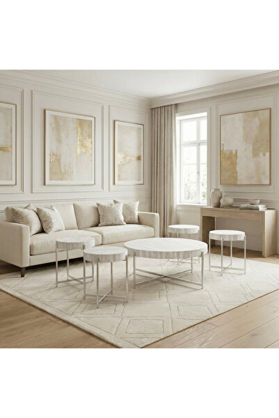 Ebticar Luxury Marble Texture Coffee Table Set Round Shape Coffee Center Tables