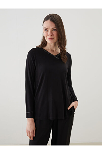 LC Waikiki Women's V-Neck Rhinestone Long Sleeve Blouse