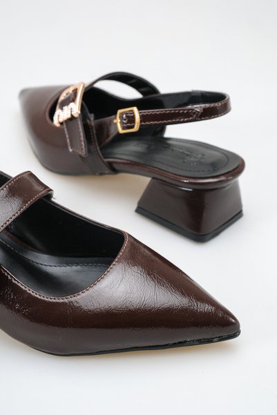 SENASTİL Women's Patent Leather Stone Buckle Low Block Heeled Mary Jane Shoes Brown