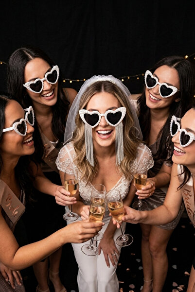 Happyline Heart-Shaped Frame with Pearls and Hanging Stones Bridal Glasses, B...