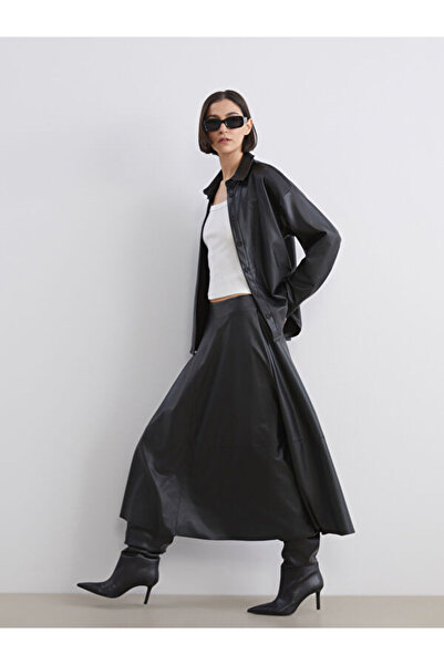LC Waikiki Leather Look Flared Skirt