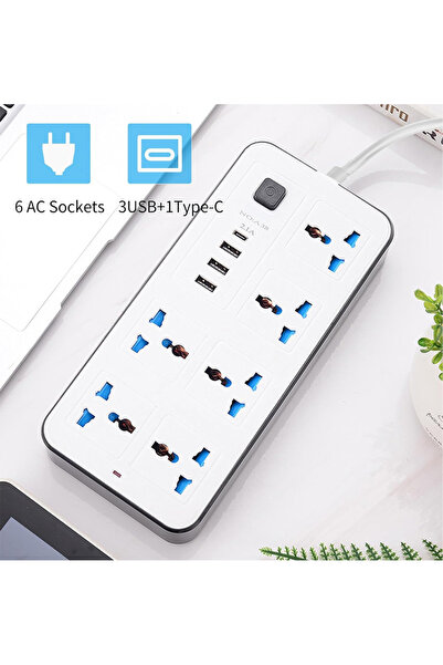 Fikpoo Socket Power Board with 1.8m Extension Cable AC C-Type Port Charging