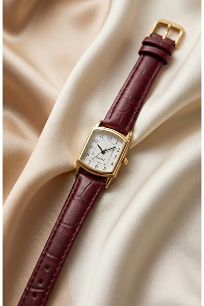KLISHE Butik Vintage Kadın Saat Gold Renk Bordo Deri Kordon Vintage Old Money...