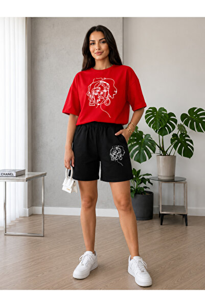 Gutsy T-Shirt Shorts 2-Piece Combination Sweat-Absorbing Women's Face Printed...