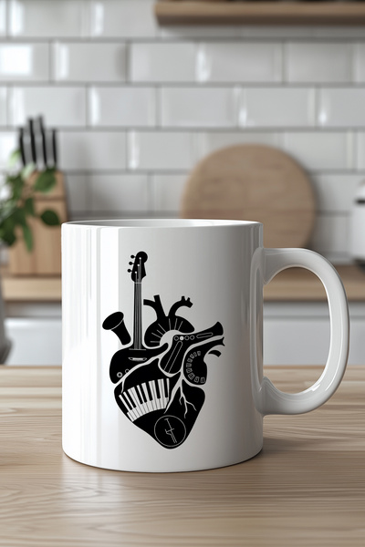 Mio Life Music Themed Heart Patterned 330ml Printed White Ceramic Mug Cup