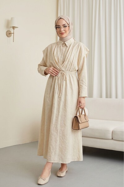 Modamorfo Half-Buttoned, Elastic Waist, Lace-Detailed, Lined Linen Dress - Beige