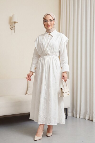 Modamorfo Half-Buttoned, Elastic Waist, Lace-Detailed, Lined Linen Dress -White