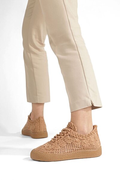 Olyu Kadın Taba Triko Örgülü Sneakers Bosy