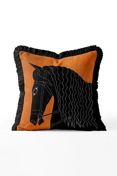 IdeCraft Black Horse Portrait Patterned Fringed Throw Pillow Cover with Orang...