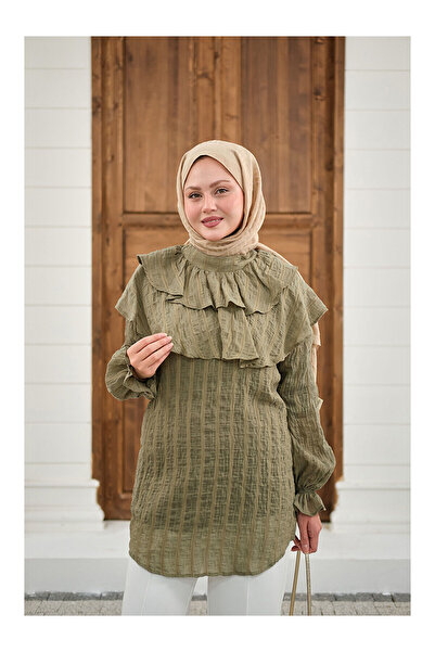 LC Waikiki Nevavm Women's Self-Drawing Patterned Collar Gathered Tunic Green