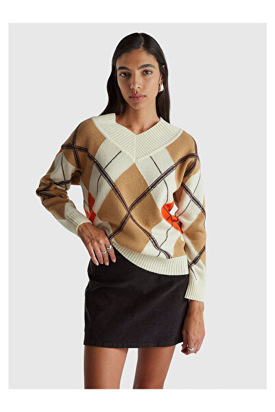 LC Waikiki Nevavm Women's Beige Mix Wool Blended Diamond Patterned Ribbed Det...