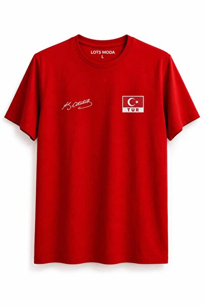 LOTS MODA Türkiye Atatürk İmzalı Özel Tasarım Tişört (Metalize Türk Bayrağı Orijinal)