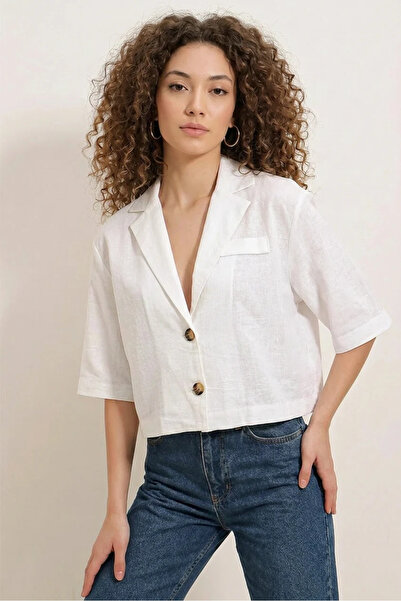 buğrahayalin Women's Shirt Collar Crop Oversize Buttoned Linen White Jacket