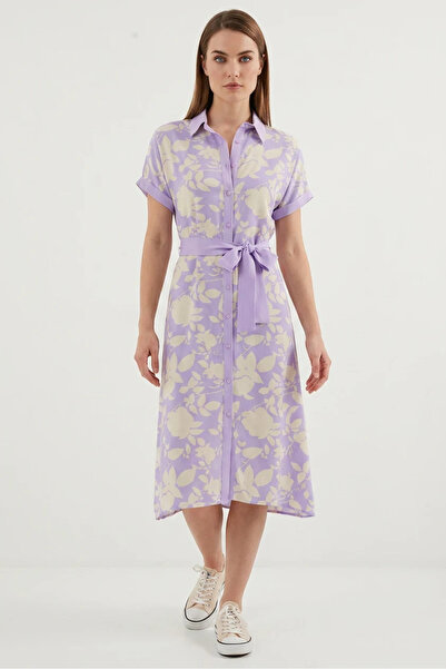 buğrahayalin Women's Shirt Collar Belted Floral Patterned Viscose Lilac Dress