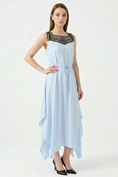 buğrahayalin Women's Round Neck Belted Embroidered Viscose Blue Dress