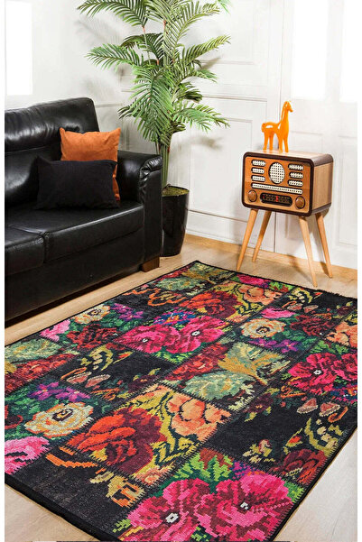 halinet Halı.Net Black Bohemian Washable Non-Slip Living Room Carpet Haln-Hln...