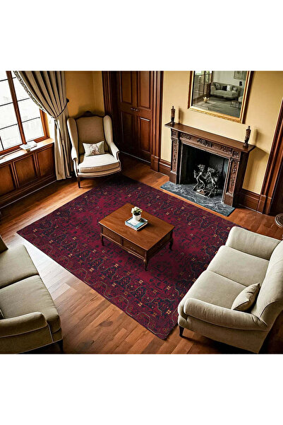 Bespoky Kırmızı Vintage Eskitme Geleneksel Yıkanabilir Kaymaz Salon Halısı Hk...