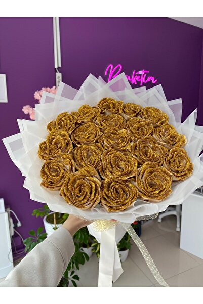 Buketim Seninle 19-Piece Golden Yellow Glittering Non-Fading Satin Rose Bouqu...