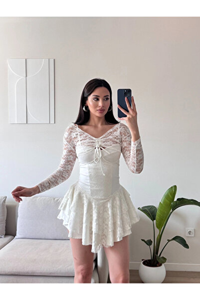 Zoom Butik Dantel Kol Ön Büzgülü Elbise - BEYAZ