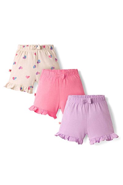 Bonfino 100% Cotton Ruffle Hem Heart Printed & Solid Shorts (Pack of 3) - Pin...