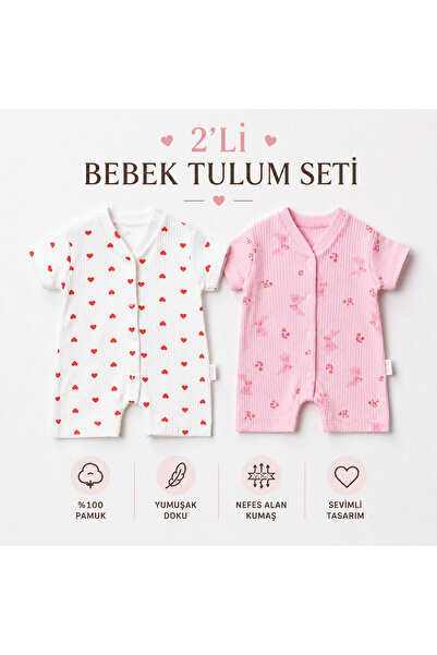 LİLİYUM Baby 2’li Kız Bebek Yazlık Tulum Seti %100 Pamuk Kısa Kollu Ribanalı ...