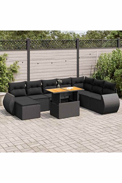 vidaxl Set mobilier de gradina cu perne, 9 piese, negru, poliratan