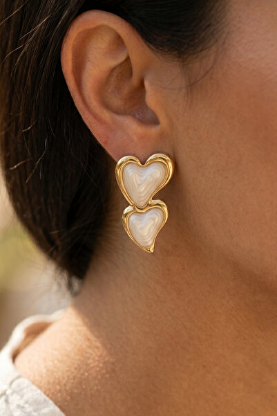 AURRARİ Gold 2-Piece Heart Enamel Premium Steel Earrings